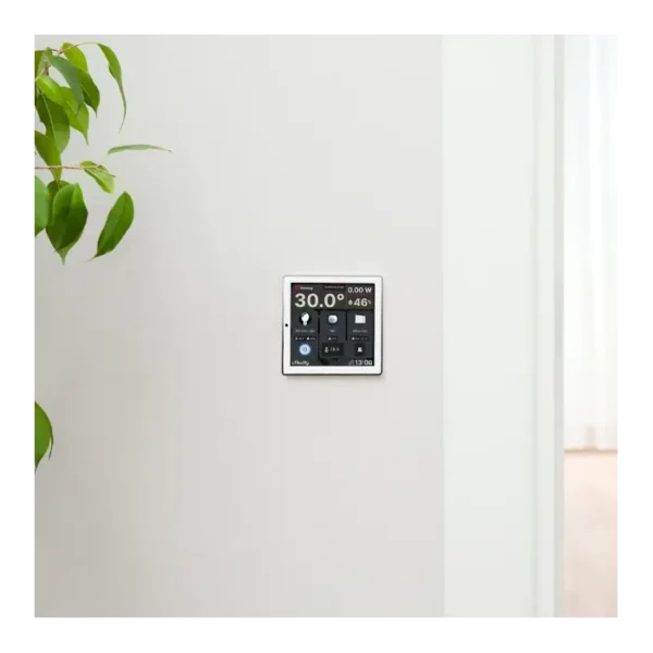 Écran tactile intelligent pour afficher la température, l'humidité et la qualité de l'air avec un design moderne.