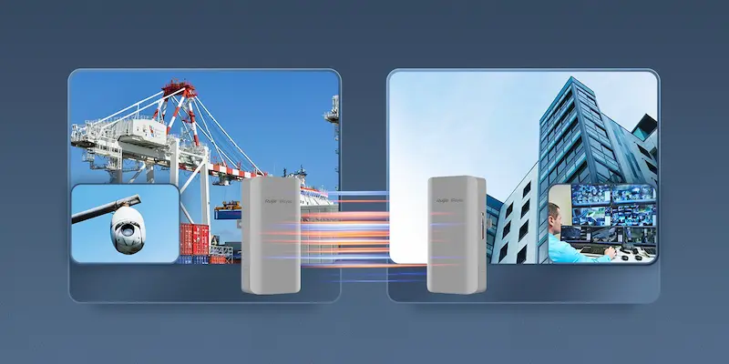 Image du pont sans fil RG-EST310 V2, appareil extérieur 5 GHz Wi-Fi 802.11ac, boîtier robuste IP65, antennes intégrées, conçu pour liaison point-à-point.