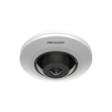 Caméra réseau fisheye Hikvision 5MP avec vue à 360 degrés et microphone intégré.