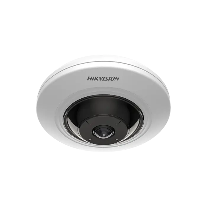 Caméra réseau fisheye Hikvision 5MP avec vue à 360 degrés et microphone intégré.