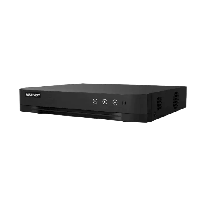 DVR Hikvision iDS-7216HQHI-M1/E 16 canaux HD avec intelligence artificielle AcuSense, H.265 et stockage jusqu’à 10 To.