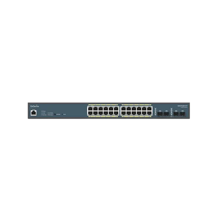 Switch EnGenius Fit 24 ports Gigabit PoE+ 240W avec 4 ports SFP, montable en rack.