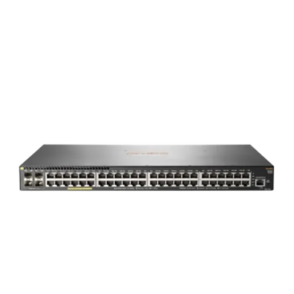 Switch HPE Aruba 24G PoE+ avec 24 ports Ethernet Gigabit, 4 uplinks 10G SFP+ et alimentation PoE+ intégrée.
