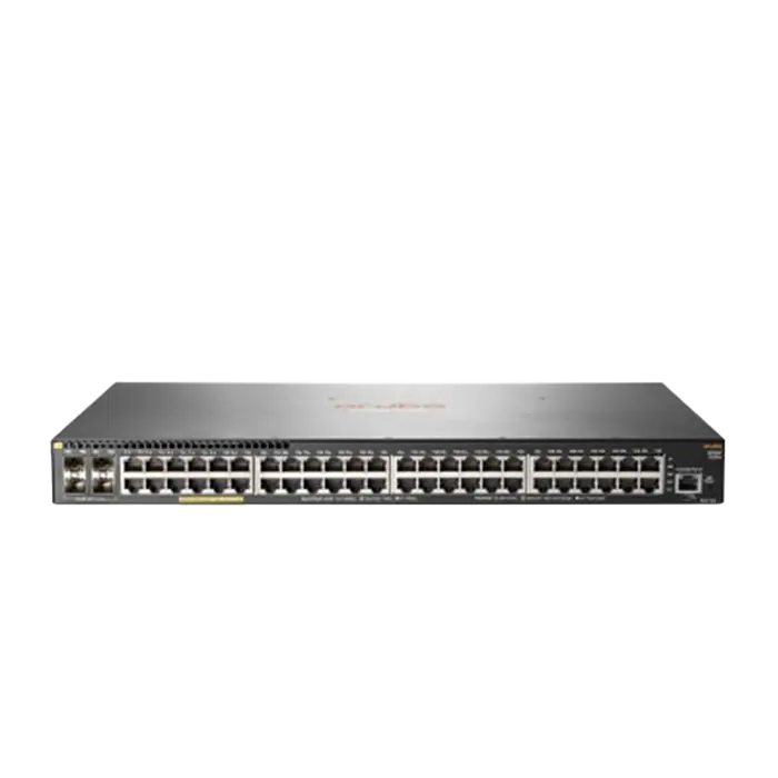 Switch HPE Aruba 24G PoE+ avec 24 ports Ethernet Gigabit, 4 uplinks 10G SFP+ et alimentation PoE+ intégrée.