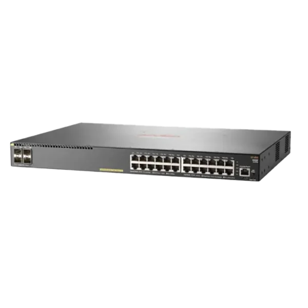 Switch HPE Aruba 24G PoE+ avec 24 ports Ethernet Gigabit, 4 uplinks 10G SFP+ et alimentation PoE+ intégrée.