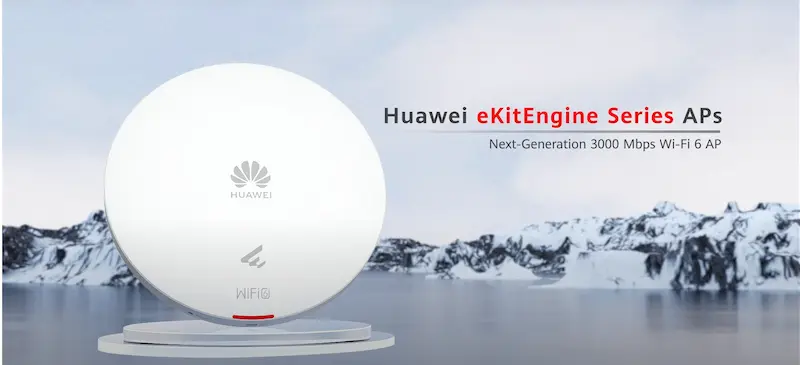 Image du point d’accès Huawei AP362, appareil Wi‑Fi 6 intérieur compact avec antennes intelligentes et port PoE, conçu pour bureaux et environnements à haute densité.