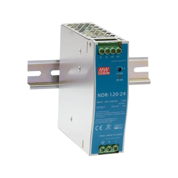Alimentation rail DIN Mean Well 120W, sortie 24 V, modèle NDR-120-24 pour automatismes industriels.