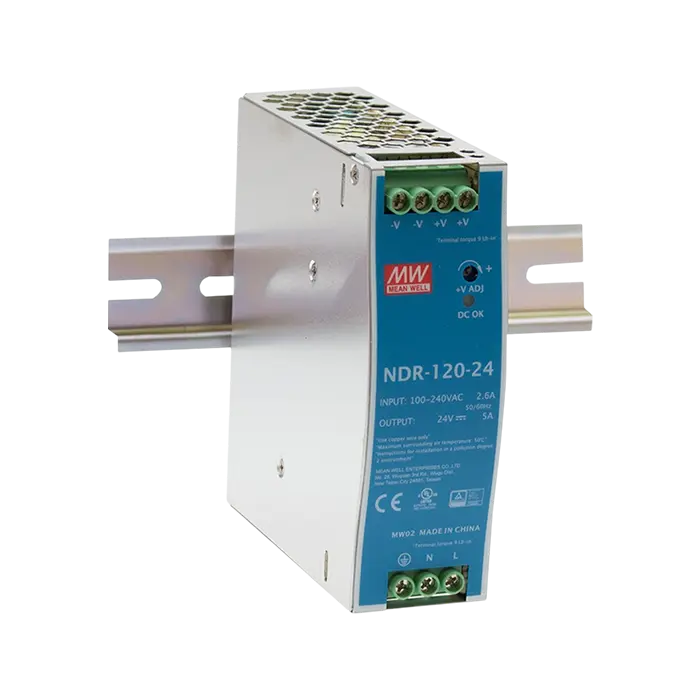 Alimentation rail DIN Mean Well 120W, sortie 24 V, modèle NDR-120-24 pour automatismes industriels.