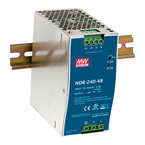 Alimentation rail DIN 48 V Mean Well NDR-240-48, 240 W, pour automatismes et installations industrielles.