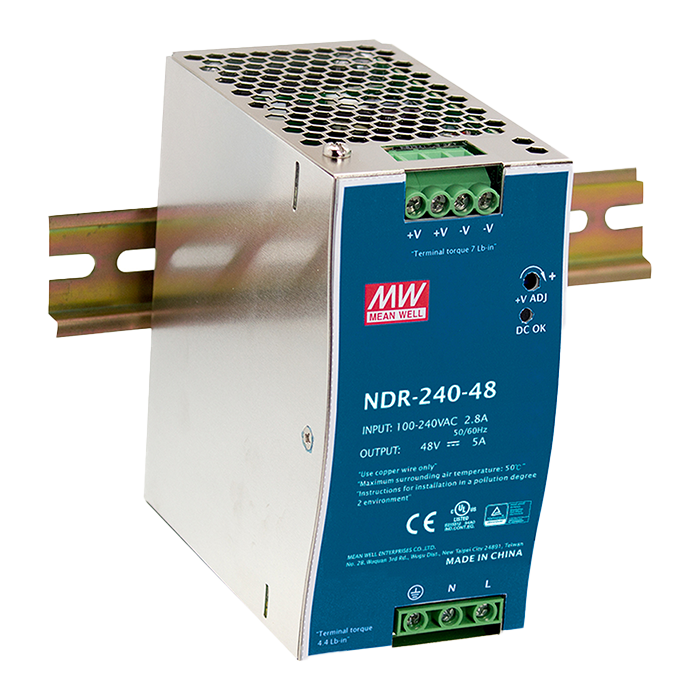 Alimentation rail DIN 48 V Mean Well NDR-240-48, 240 W, pour automatismes et installations industrielles.