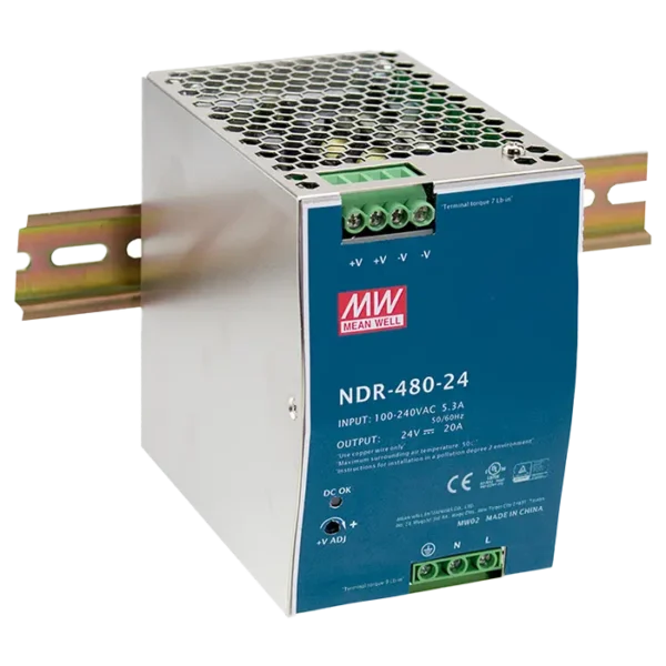 Alimentation rail DIN 24V 480W Mean Well NDR-480-24 pour équipements industriels.