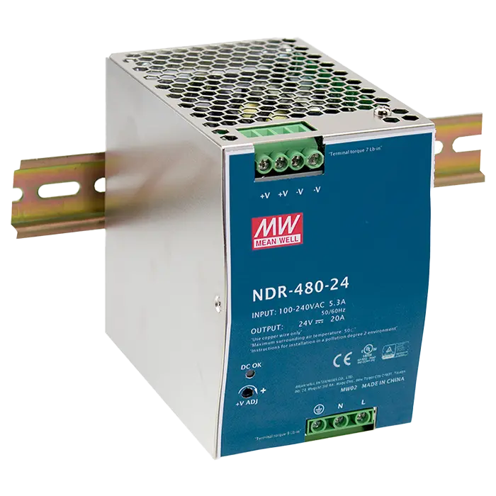 Alimentation rail DIN 24V 480W Mean Well NDR-480-24 pour équipements industriels.