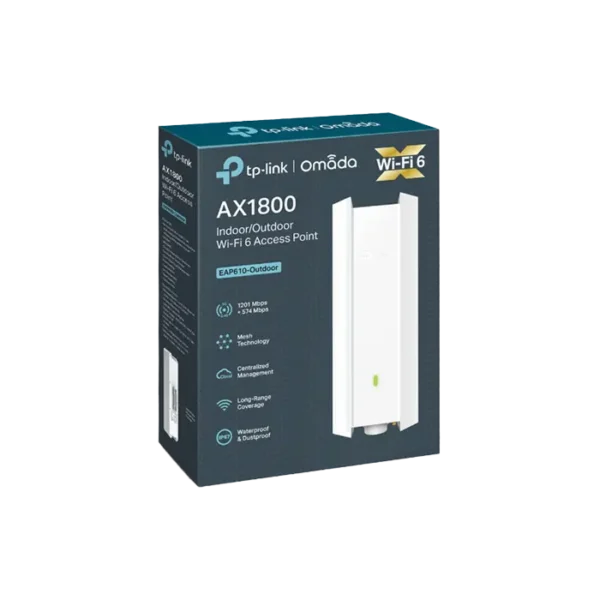 Image d’un point d'accès WiFi 6 AX1800 bi-bande, utilisable en intérieur ou extérieur, avec boîtier étanche IP67 pour une connexion rapide et fiable