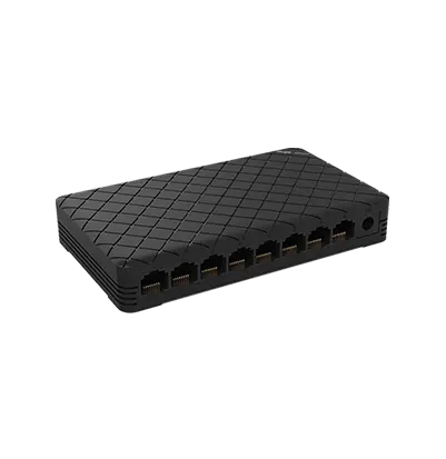 Image du switch RG-ES08, modèle compact 8 ports Ethernet 10/100 Mbps, boîtier noir, sans ventilateur, destiné aux petites entreprises.