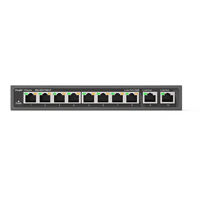Image du RG‑ES110D‑P, switch compact 8 ports 10/100 Mbps, boîtier sans ventilateur, design discret.