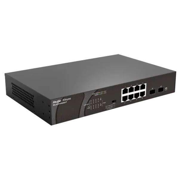 Image du switch RG‑ES110GDS‑P, 10 ports RJ‑45 Gigabit (8 PoE+), boîtier métal compact, fanless, kit mural, prêt à l’emploi.