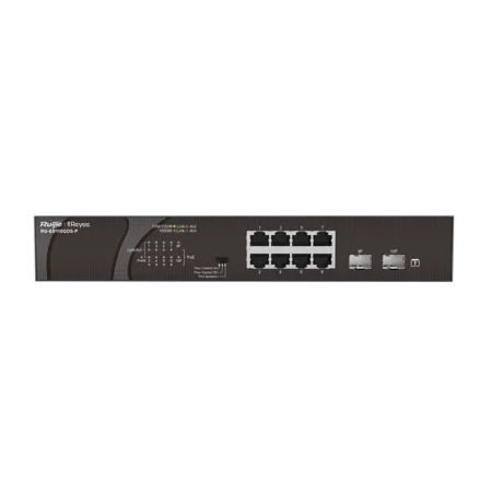 Image du switch RG‑ES110GDS‑P, 10 ports RJ‑45 Gigabit (8 PoE+), boîtier métal compact, fanless, kit mural, prêt à l’emploi.