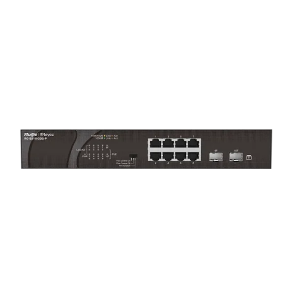 Image du switch RG‑ES110GDS‑P, 10 ports RJ‑45 Gigabit (8 PoE+), boîtier métal compact, fanless, kit mural, prêt à l’emploi.
