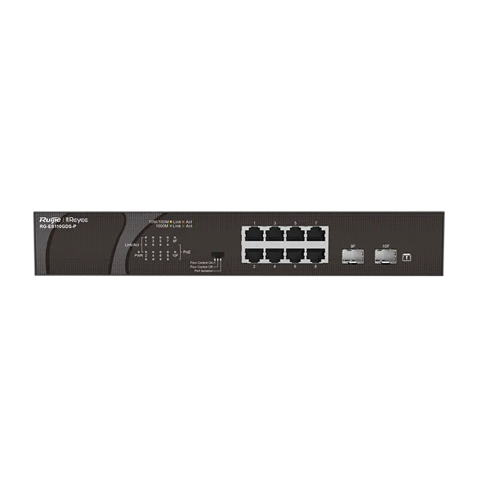Image du switch RG‑ES110GDS‑P, 10 ports RJ‑45 Gigabit (8 PoE+), boîtier métal compact, fanless, kit mural, prêt à l’emploi.