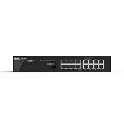 Image du switch RG‑ES116G, boîtier compact et fanless, 16 ports RJ‑45 10/100 Mbps, orientation murale ou bureau.