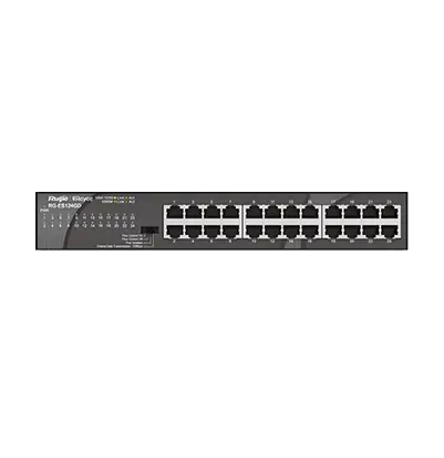 Image du switch RG‑ES124GD, boîtier compact fanless, 24 ports RJ‑45 Gigabit, conçu pour connectivité réseau sans gestion complexité.