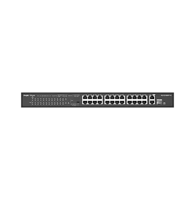 Image du RG‑ES126S‑P V2 monté en rack, boîtier métal 24 ports RJ‑45 10/100 Mbps PoE+, alimentation centralisée, sans ventilateur.