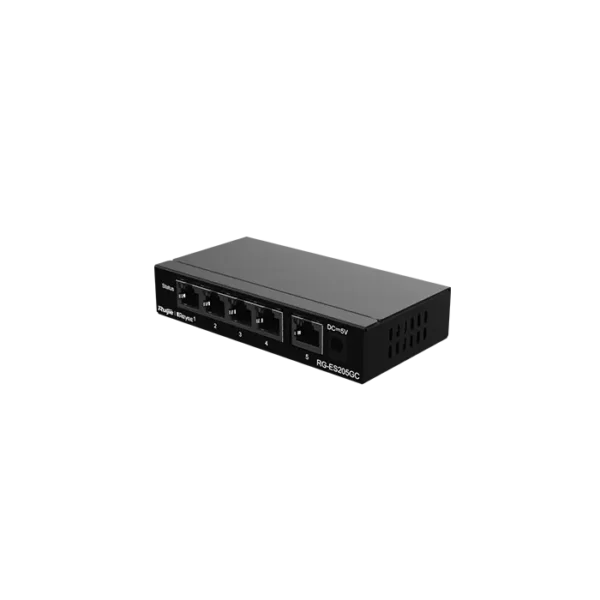 Image du switch RG‑ES205GC, boîtier compact fanless avec 5 ports RJ‑45 Gigabit, compatible Ruijie Cloud via QR code.