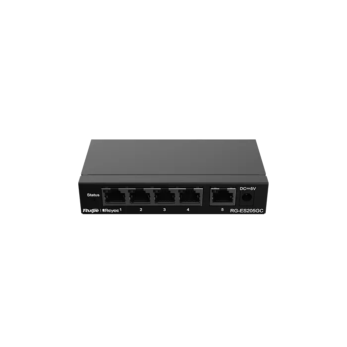 Image du switch RG‑ES205GC, boîtier compact fanless avec 5 ports RJ‑45 Gigabit, compatible Ruijie Cloud via QR code.