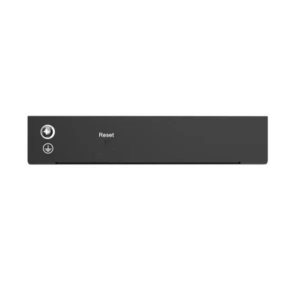 Image du switch RG‑ES205GC, boîtier compact fanless avec 5 ports RJ‑45 Gigabit, compatible Ruijie Cloud via QR code.