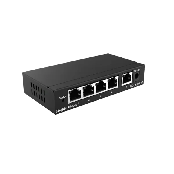 Image du switch RG‑ES205GC, boîtier compact fanless avec 5 ports RJ‑45 Gigabit, compatible Ruijie Cloud via QR code.