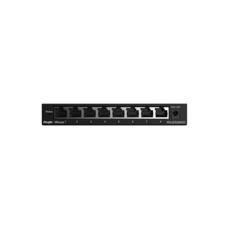 Image du switch RG‑ES208GC, boîtier compact avec 8 ports RJ‑45 Gigabit, fanless, gestion via QR code pour Ruijie Cloud.