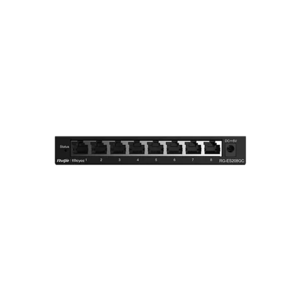 Image du switch RG‑ES208GC, boîtier compact avec 8 ports RJ‑45 Gigabit, fanless, gestion via QR code pour Ruijie Cloud.