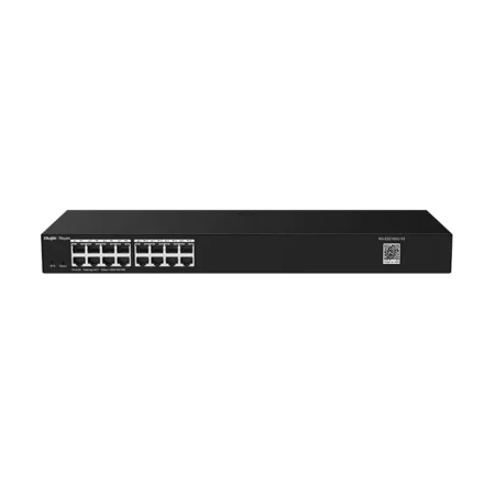 Image du switch RG‑ES216GC‑V2, boîtier compact fanless 16 ports RJ‑45 Gigabit, gestion via QR code pour Ruijie Cloud.