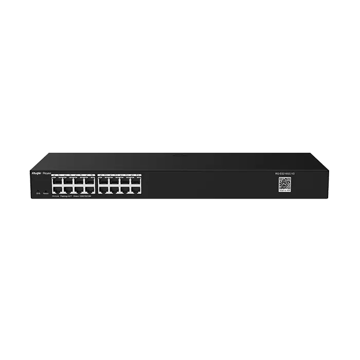 Image du switch RG‑ES216GC‑V2, boîtier compact fanless 16 ports RJ‑45 Gigabit, gestion via QR code pour Ruijie Cloud.