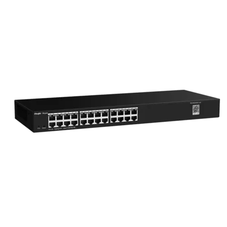 Image du switch RG‑ES224GC‑V2, boîtier compact 24 ports RJ‑45 Gigabit, ventilation passive, gestion via QR code Ruijie Cloud.