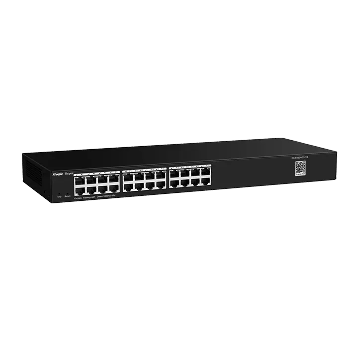 Image du switch RG‑ES224GC‑V2, boîtier compact 24 ports RJ‑45 Gigabit, ventilation passive, gestion via QR code Ruijie Cloud.