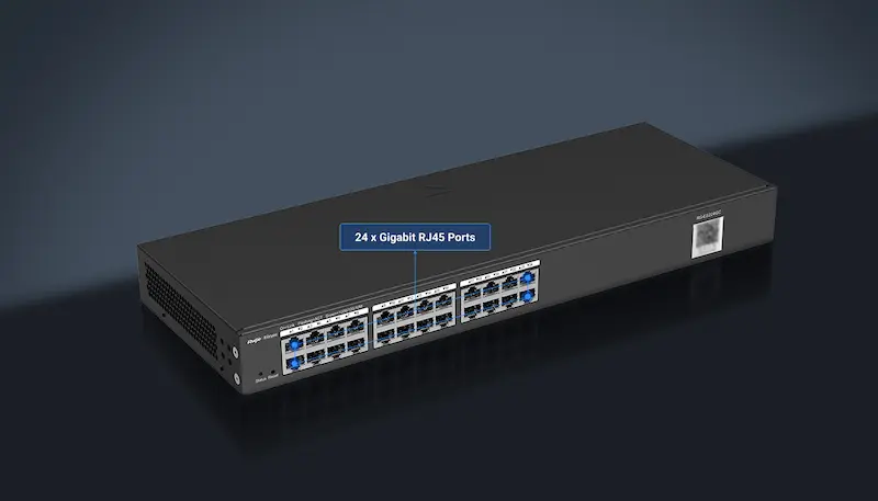 Image du switch RG‑ES224GC‑V2, boîtier compact 24 ports RJ‑45 Gigabit, ventilation passive, gestion via QR code Ruijie Cloud.