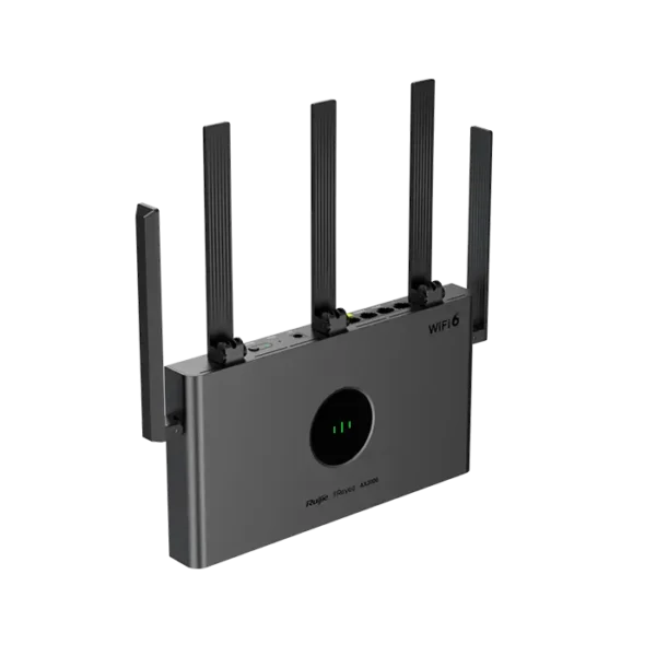 Vue du routeur Wi-Fi RG-EW3000GX PRO équipé de 4 antennes externes et de ports Gigabit, conçu pour offrir des performances Wi-Fi 6 haute vitesse.