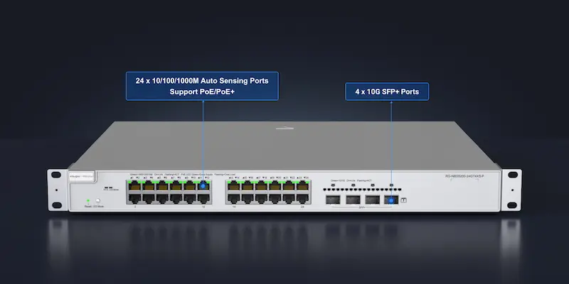 Image du switch RG‑NBS5200‑24GT4XS‑P, châssis rack 1 U avec 24 ports RJ‑45 Gigabit et 4 uplinks SFP+, conception fanless, routage niveau 3.