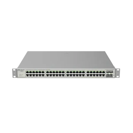 Image du switch RG‑NBS5200‑48GT4XS‑UP, boîtier rack 1 U avec 48 ports RJ‑45 Gigabit PoE+ et 4 uplinks SFP+, fanless, conçu pour routage professionnel.