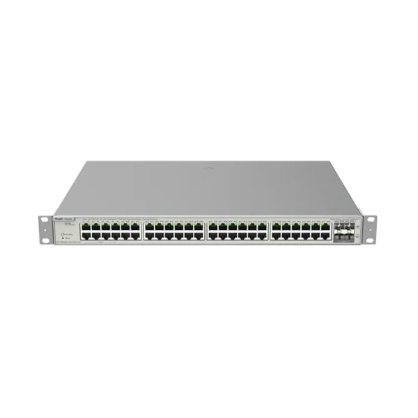 Image du switch RG‑NBS5200‑48GT4XS‑UP, boîtier rack 1 U avec 48 ports RJ‑45 Gigabit PoE+ et 4 uplinks SFP+, fanless, conçu pour routage professionnel.