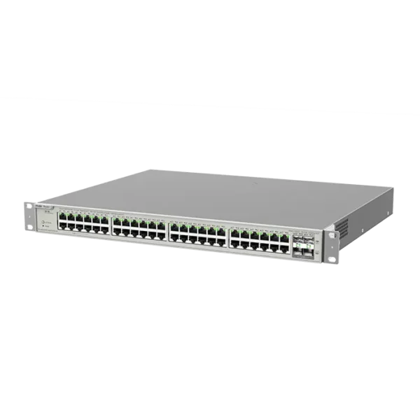 Image du switch RG‑NBS5200‑48GT4XS‑UP, boîtier rack 1 U avec 48 ports RJ‑45 Gigabit PoE+ et 4 uplinks SFP+, fanless, conçu pour routage professionnel.