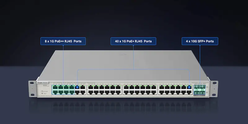 Image du switch RG‑NBS5200‑48GT4XS‑UP, boîtier rack 1 U avec 48 ports RJ‑45 Gigabit PoE+ et 4 uplinks SFP+, fanless, conçu pour routage professionnel.