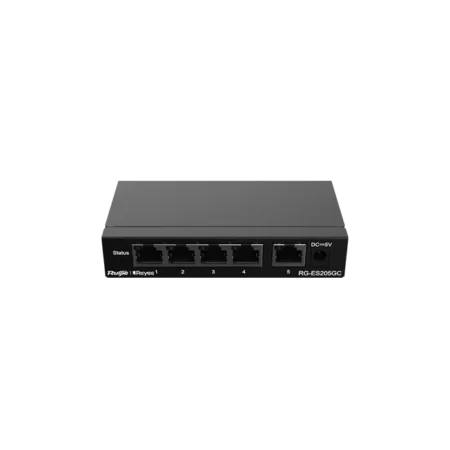 Image du RG‑ES205GC‑P, switch compact 5 ports Gigabit (4 PoE+), compatible Ruijie Cloud, alimentation PoE intégrée.