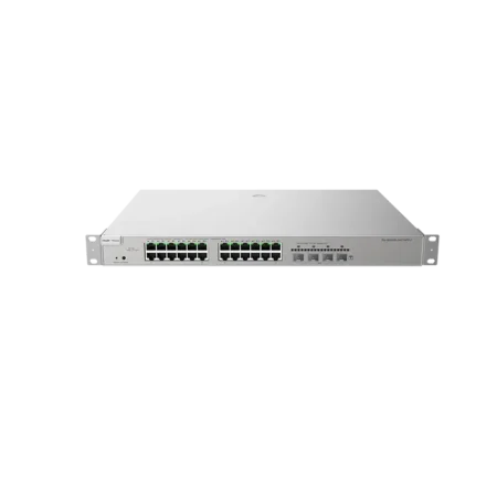 Image du switch RG‑NBS5100‑24GT4SFP‑P, boîtier rack 1 U, 24 ports Gigabit RJ‑45, 4 ports SFP, fanless, niveau 3 routing.