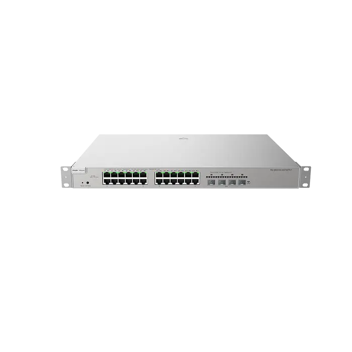 Image du switch RG‑NBS5100‑24GT4SFP‑P, boîtier rack 1 U, 24 ports Gigabit RJ‑45, 4 ports SFP, fanless, niveau 3 routing.