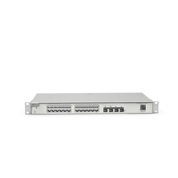Image du switch RG‑NBS5200‑24GT4XS, boîtier rack 1 U 24 ports RJ‑45 Gigabit + 4 SFP+, design fanless, niveau 3.