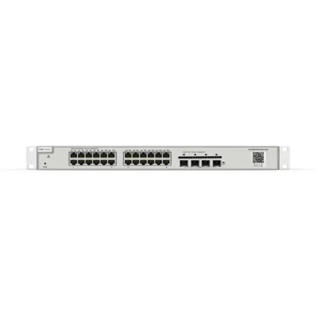 Image du switch RG‑NBS5200‑24GT4XS, boîtier rack 1 U 24 ports RJ‑45 Gigabit + 4 SFP+, design fanless, niveau 3.