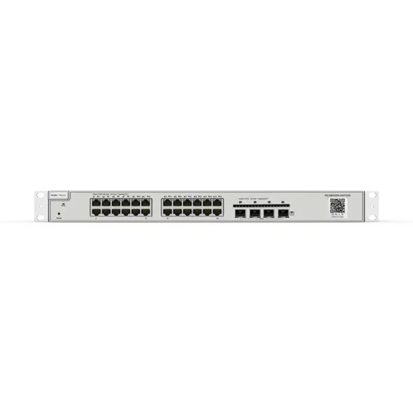 Image du switch RG‑NBS5200‑24GT4XS, boîtier rack 1 U 24 ports RJ‑45 Gigabit + 4 SFP+, design fanless, niveau 3.