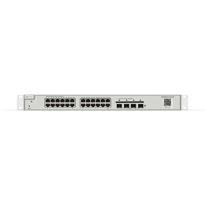 Image du switch RG‑NBS5200‑24GT4XS, boîtier rack 1 U 24 ports RJ‑45 Gigabit + 4 SFP+, design fanless, niveau 3.
